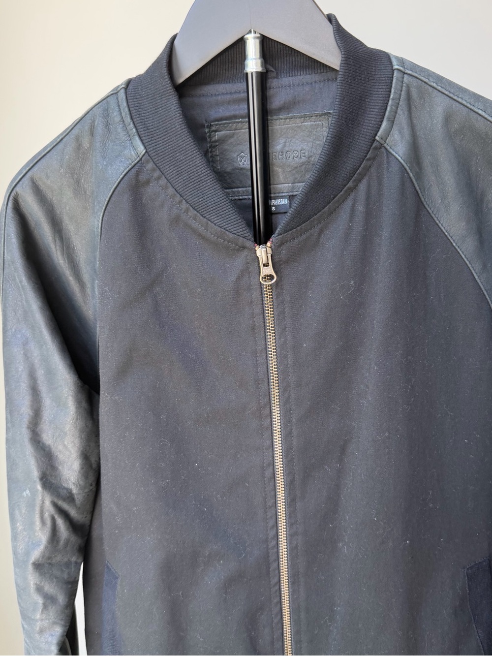 Zanerobe Black Bomber Jacket with Leather Sleeves